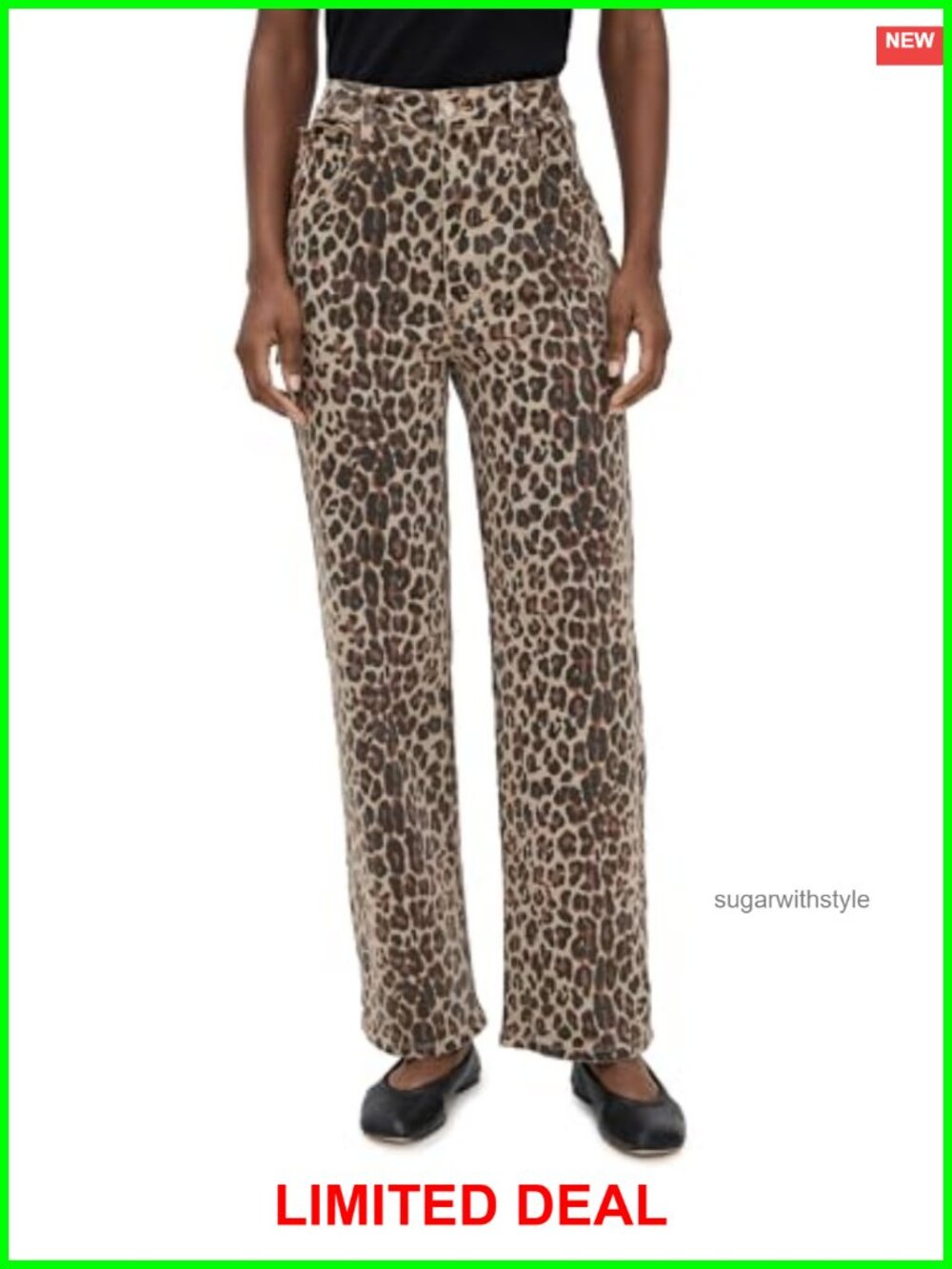 High Rise Flared Straight Leg Leopard Jeans Scallop Detail